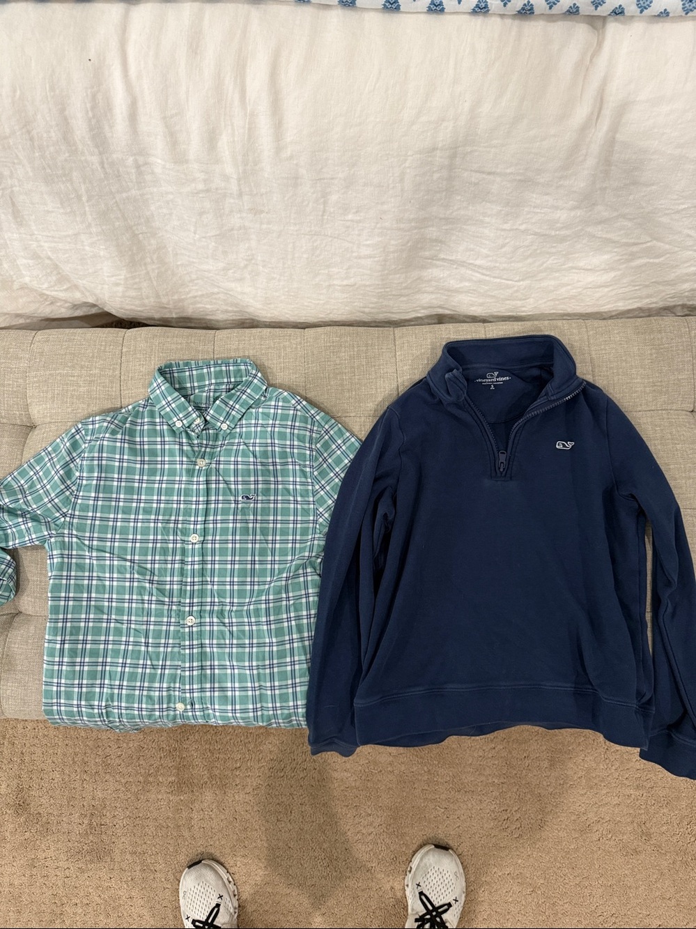 Vineyard vines YS Green Plaid Button-Down & Navy Quarter-Zip Pullover Combo